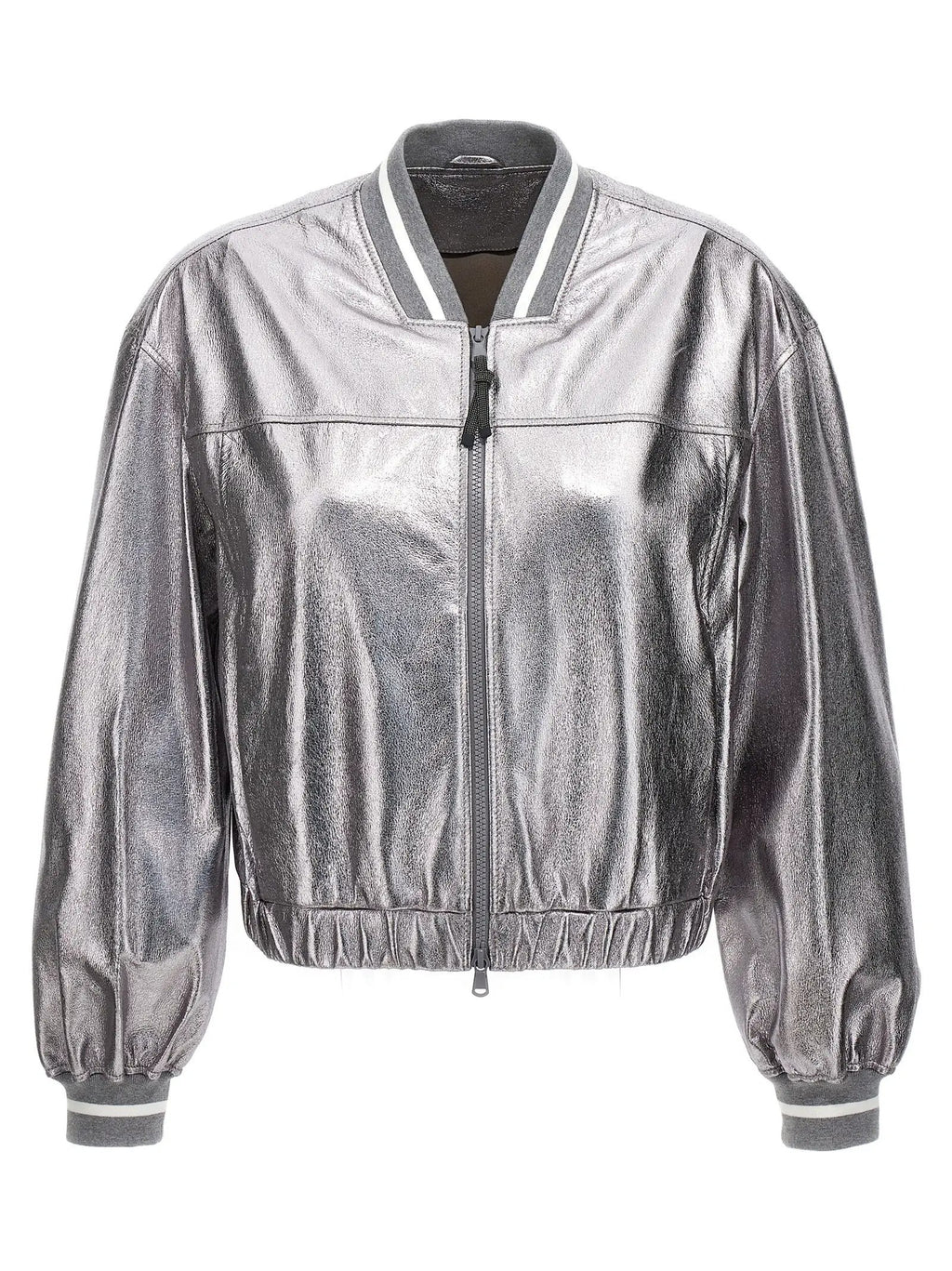 Brunello Cucinelli Silver Leather Bomber