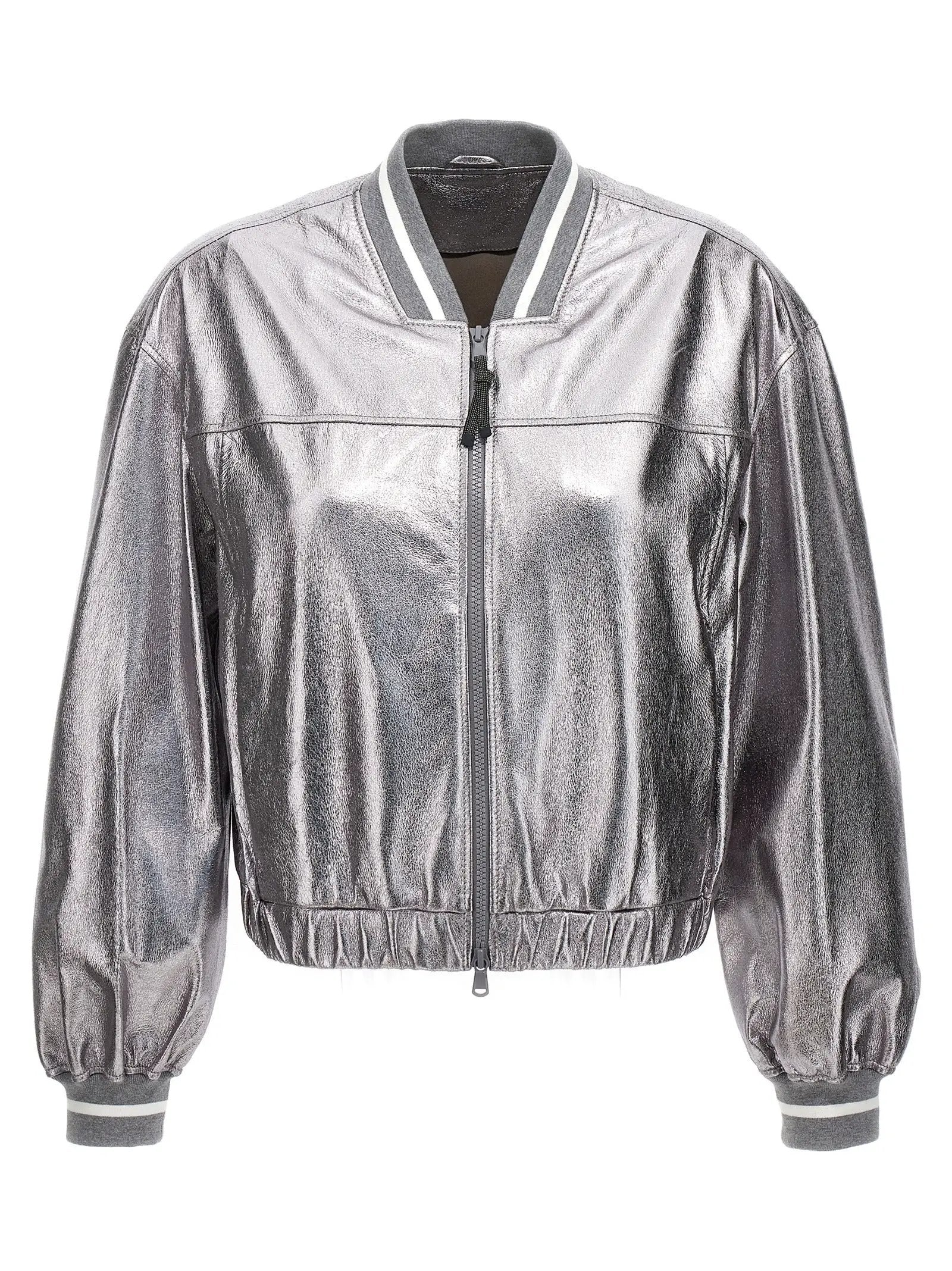 Brunello Cucinelli Silver Leather Bomber