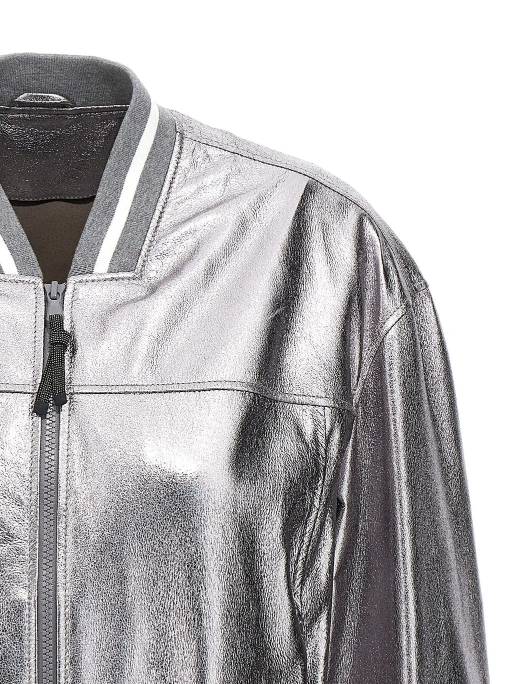 Brunello Cucinelli Silver Leather Bomber