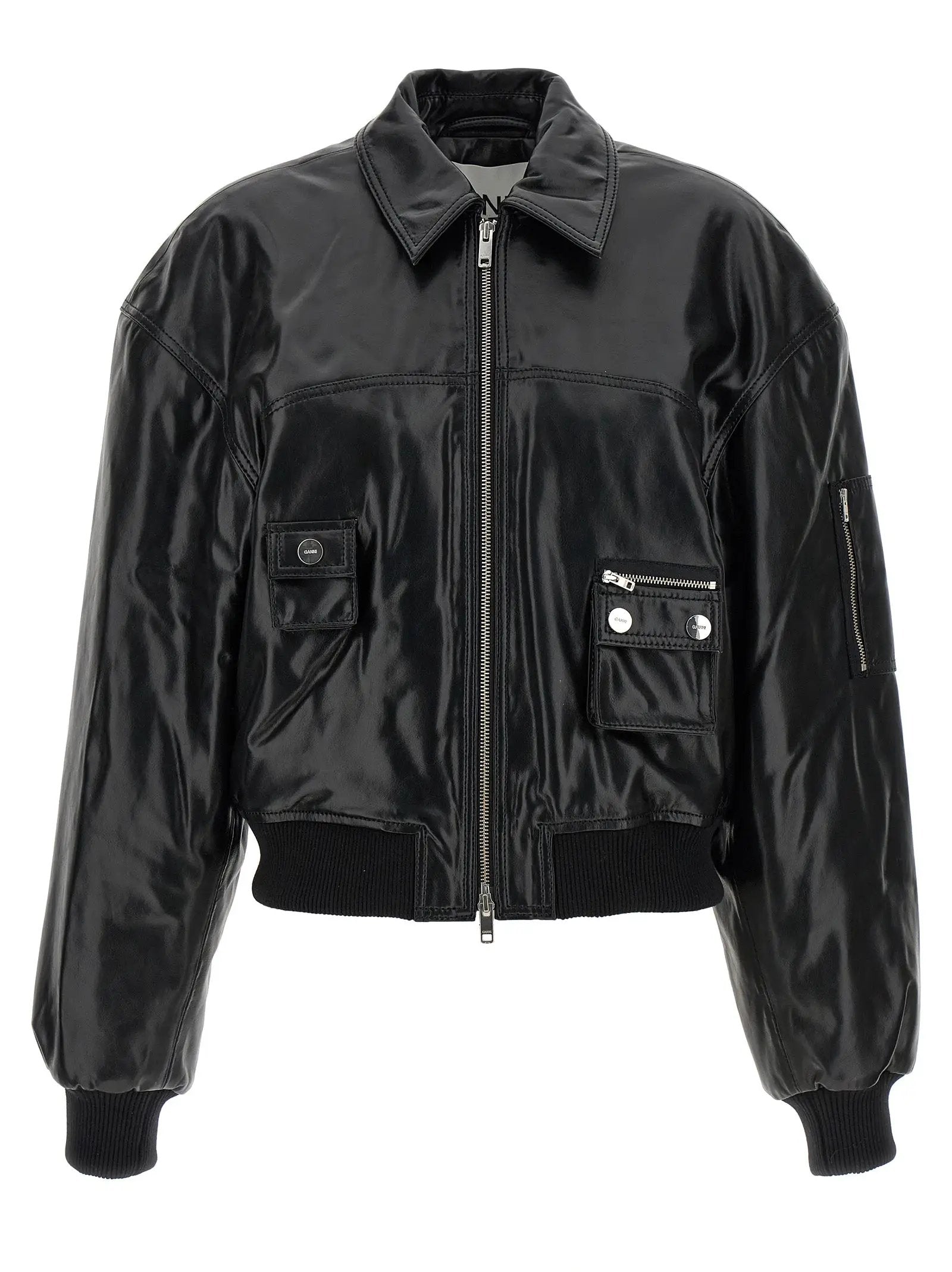 Ganni Black Leather Bomber