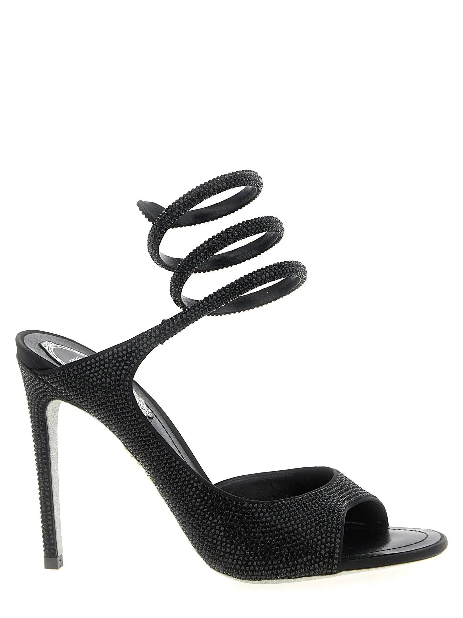 RENE CAOVILLA Black Satin Stiletto Heel Sandals