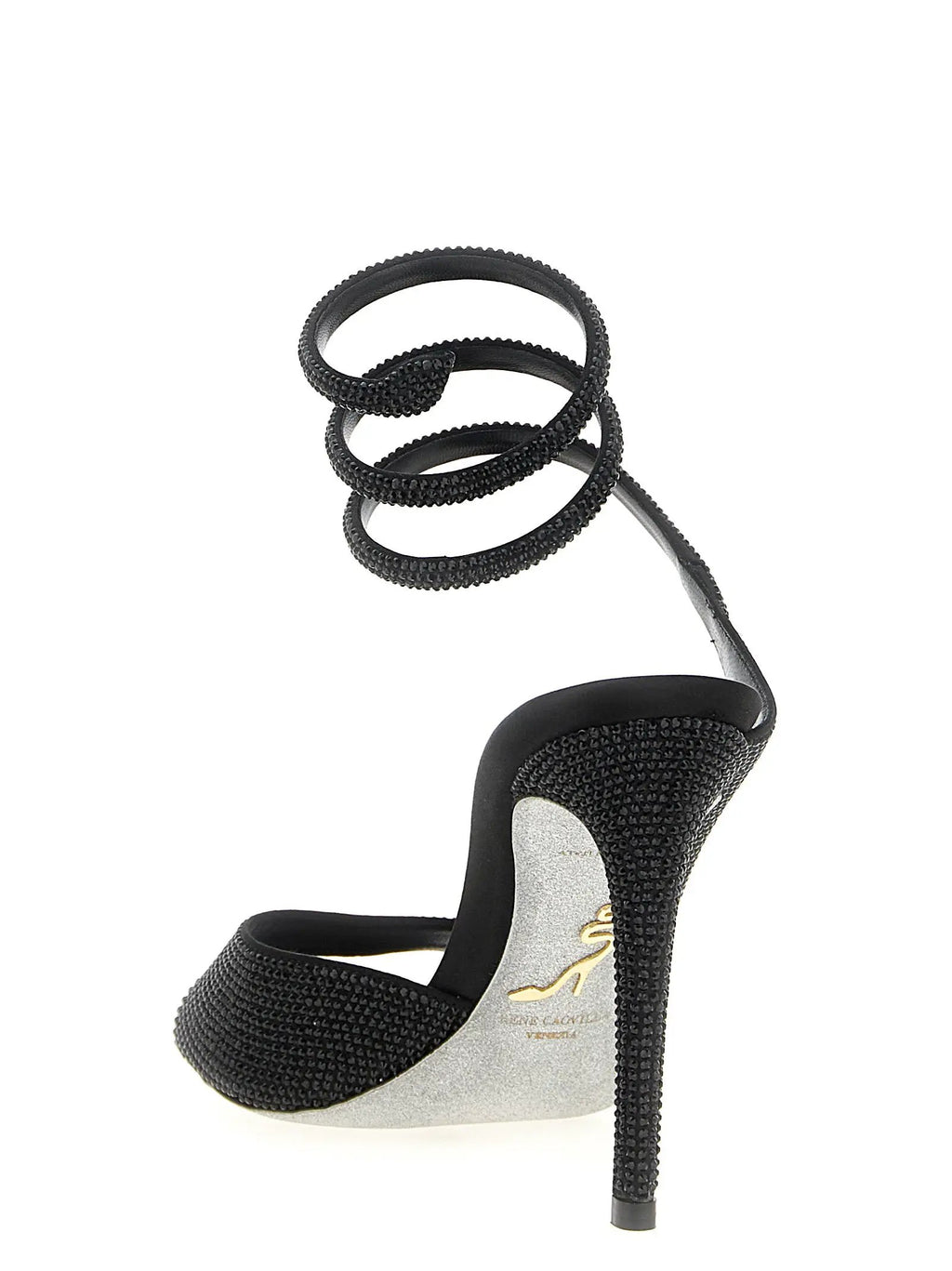 RENE CAOVILLA Black Satin Stiletto Heel Sandals