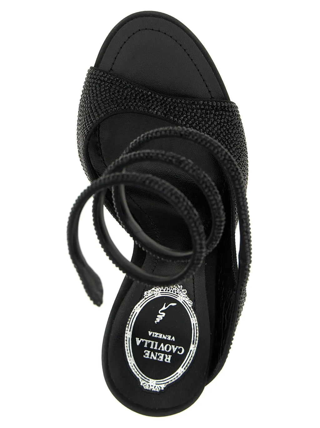 RENE CAOVILLA Black Satin Stiletto Heel Sandals