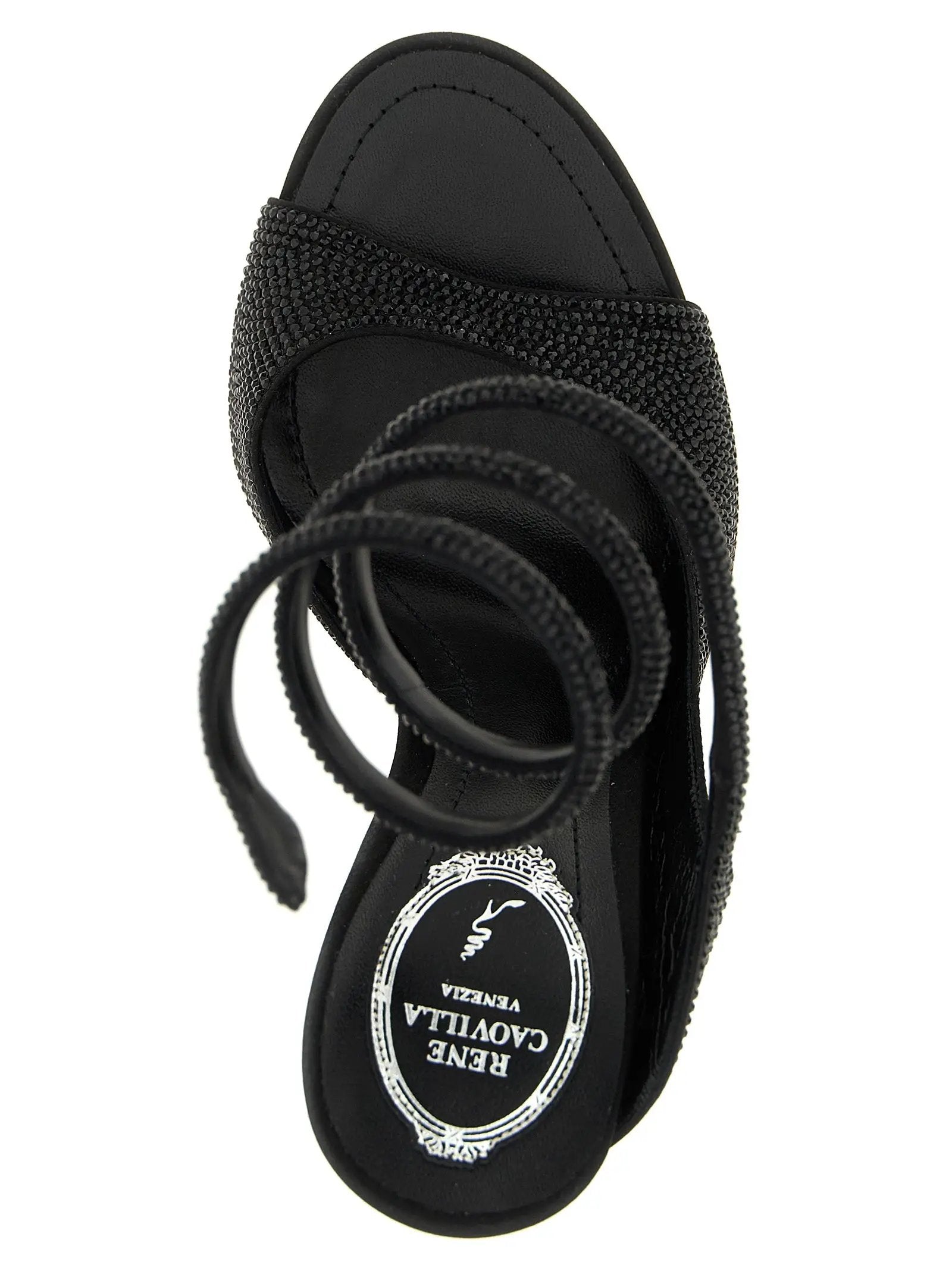 RENE CAOVILLA Black Satin Stiletto Heel Sandals