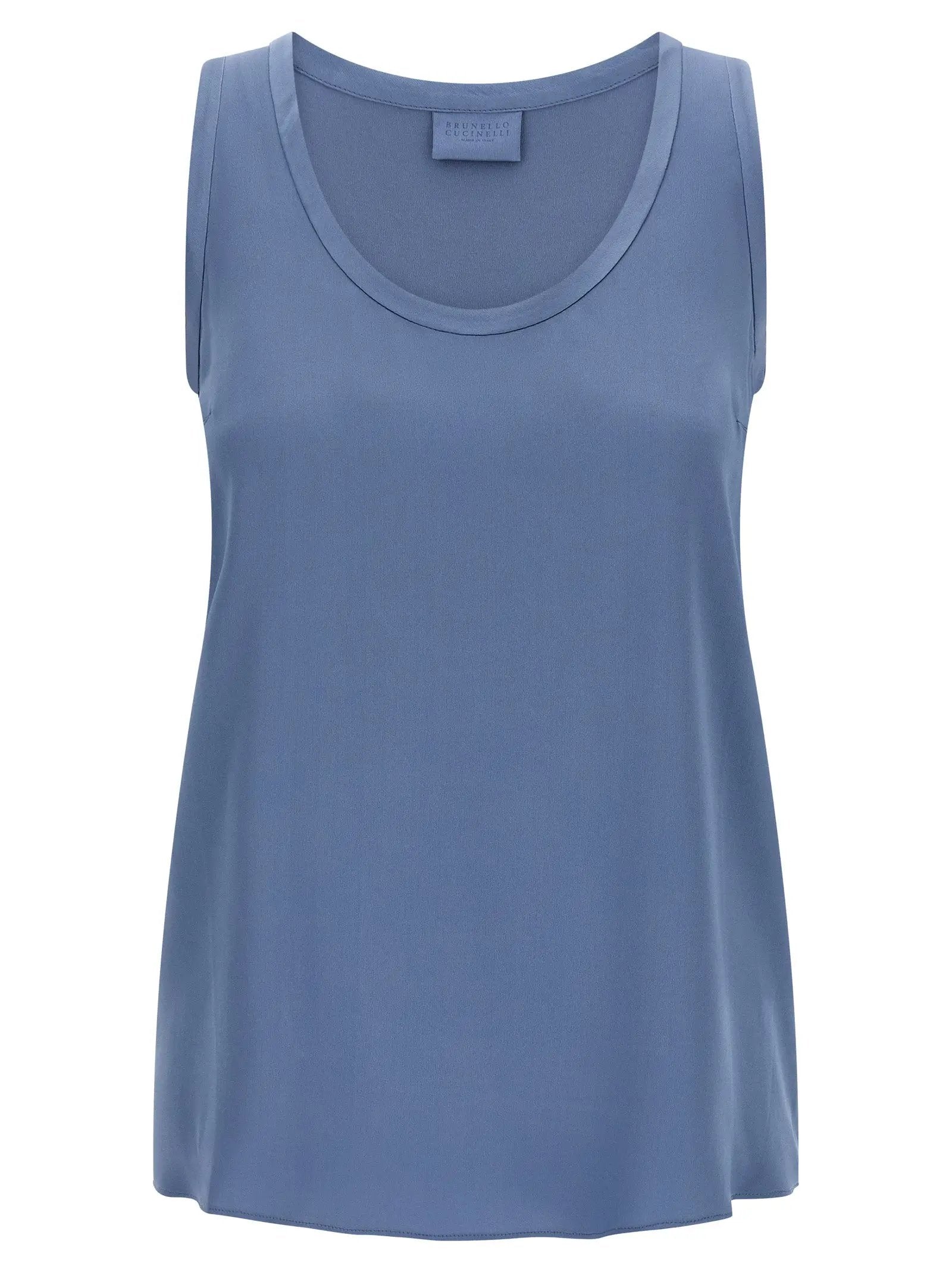 Brunello Cucinelli Blue Silk Sleeveles T-Shirt