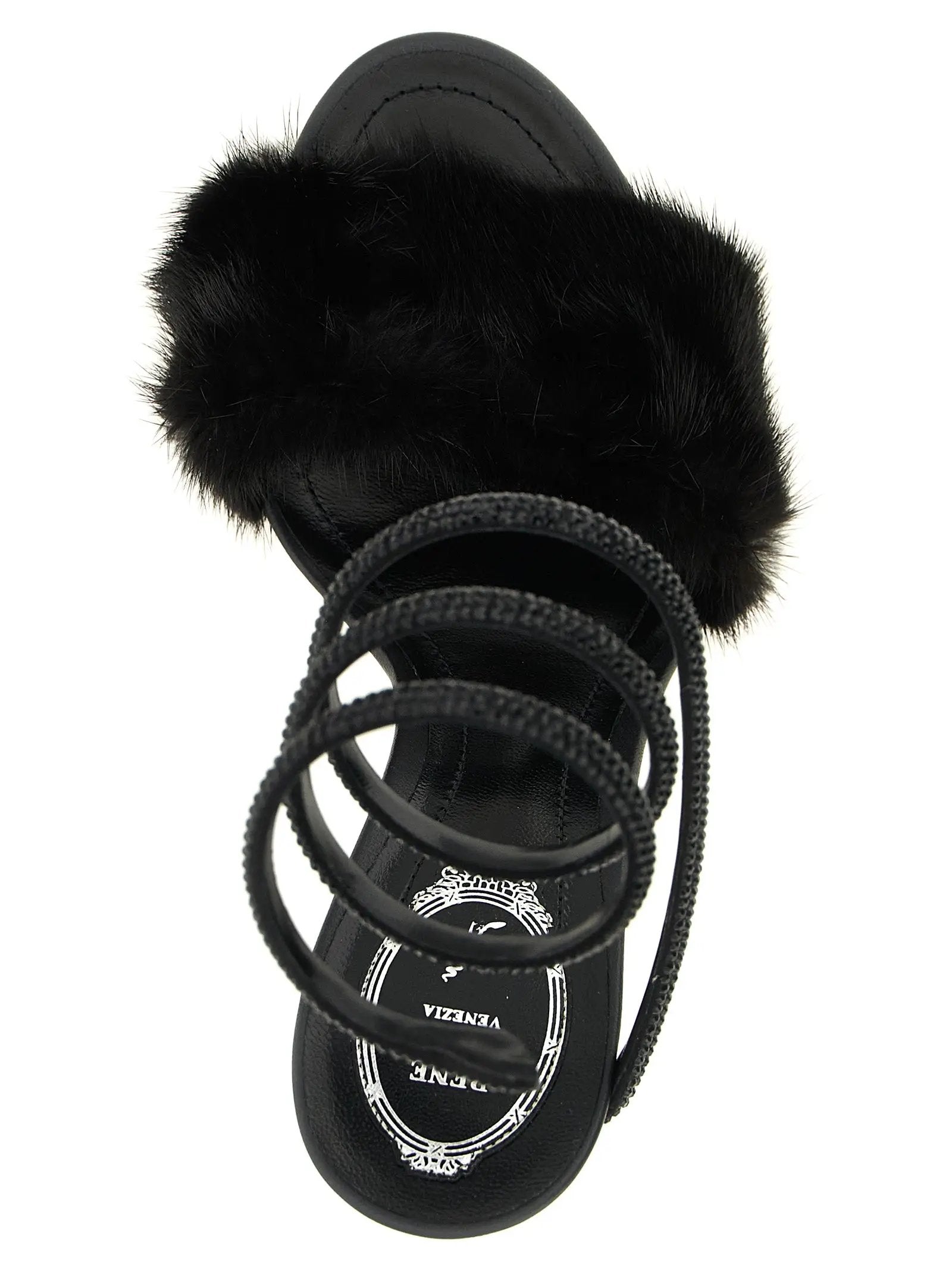 RENE CAOVILLA Black Leather Stiletto Heel Sandals