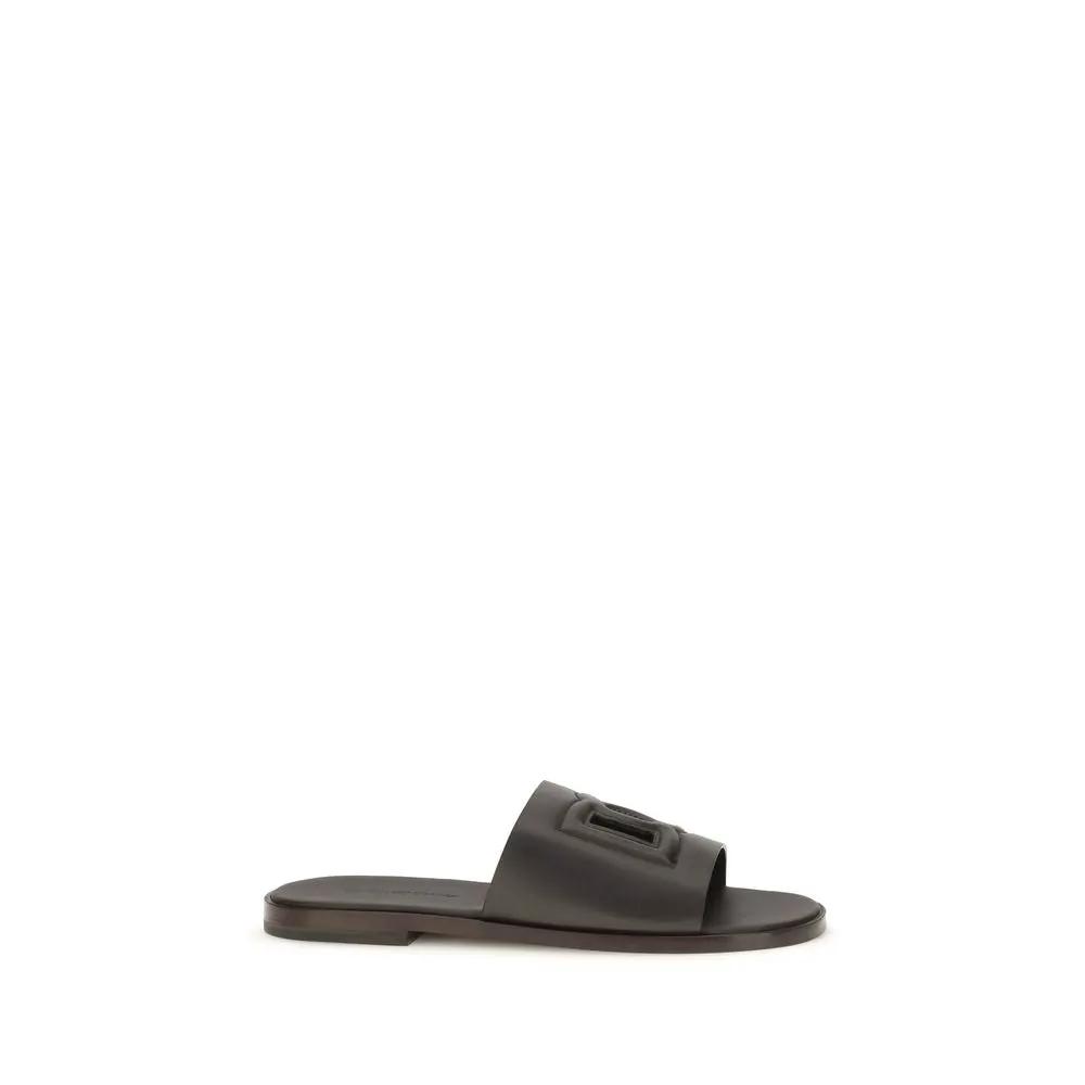 Dolce & Gabbana Brown Calf Leather Bos Taurus Flat Sandals