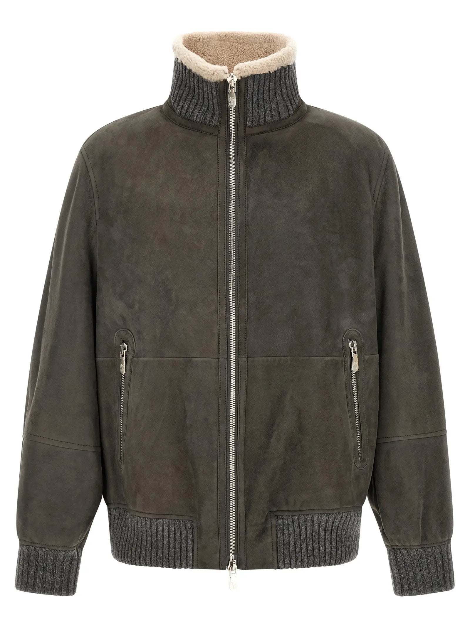 Brunello Cucinelli Gray Lamb Leather Leather Jacket