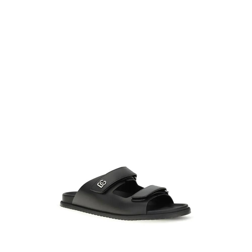 Sandales plates Bos Taurus en cuir de veau noir Dolce &amp; Gabbana