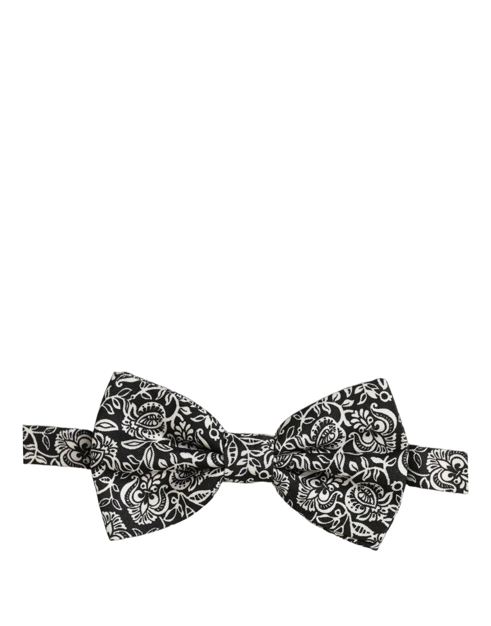 Dolce & Gabbana Tie Black White Paisley Silk Adjustable Neck Papillon Bow