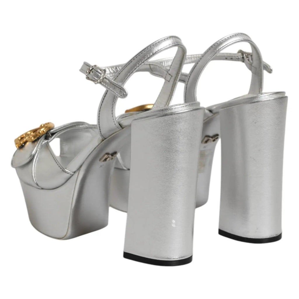 Dolce & Gabbana Silver Logo Ankle Strap Heels Sandals Shoes