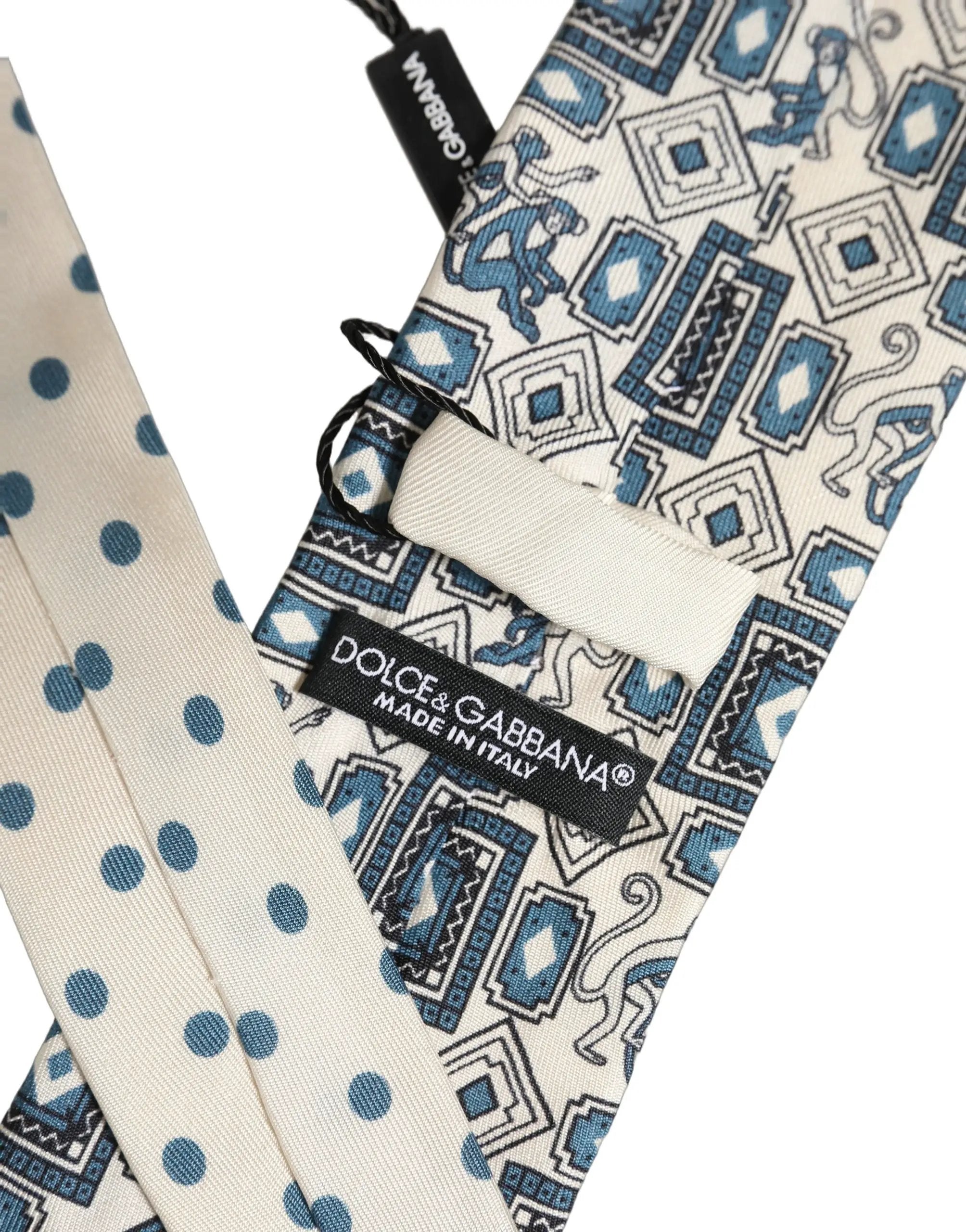 Cravate Dolce & Gabbana pour homme blanc cassé bleu géométrique à nouer ajustable