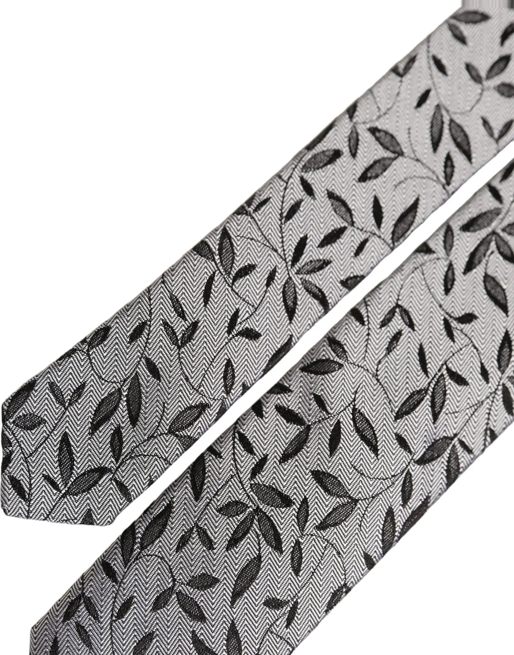 Dolce & Gabbana Men Gray Leaf Pattern Silk Adjustable Tied Necktie Tie