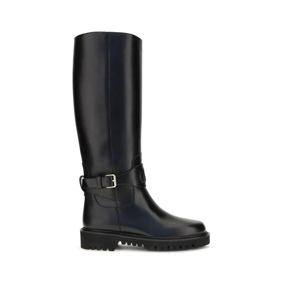 Valentino Garavani Black Calf Leather Bos Taurus Flat Boots