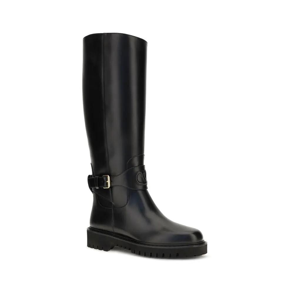Valentino Garavani Black Calf Leather Bos Taurus Flat Boots