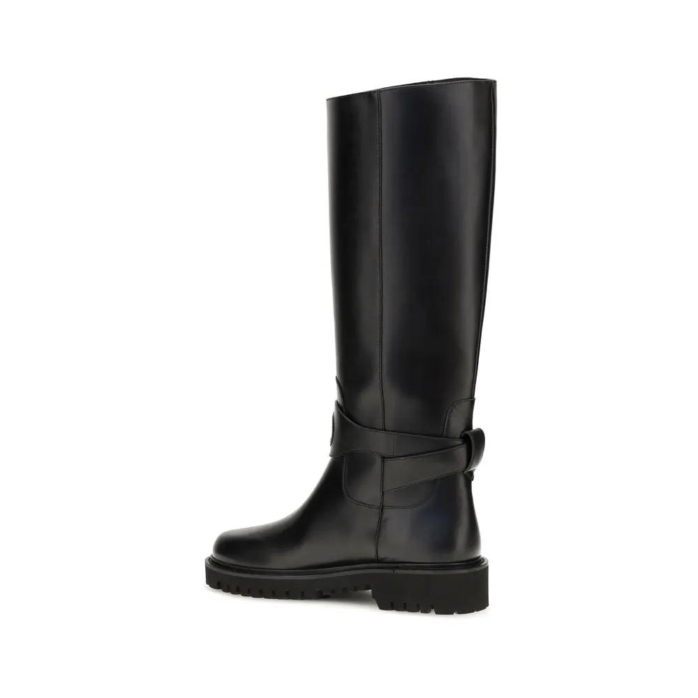 Valentino Garavani Black Calf Leather Bos Taurus Flat Boots