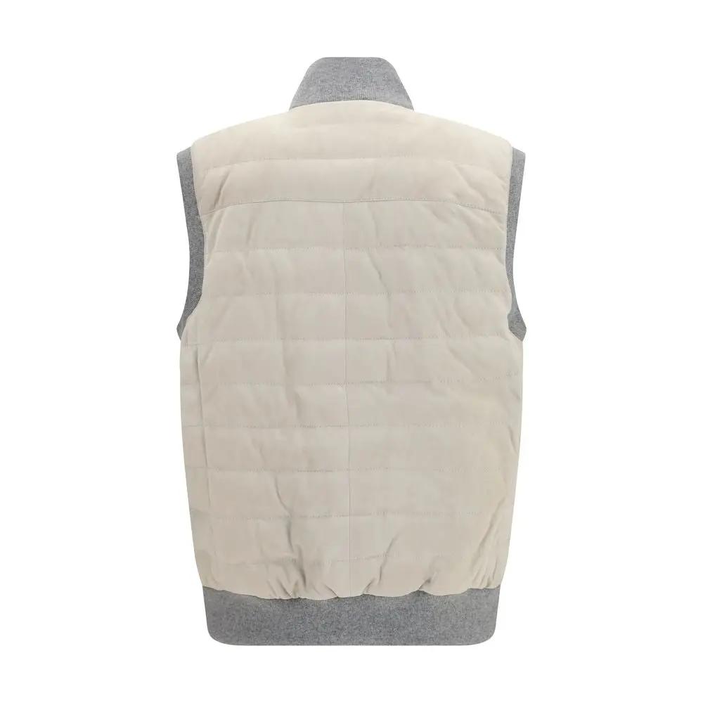 Doudoune sans manches beige en cuir homme – Brunello Cucinelli duvet d'oie AH26