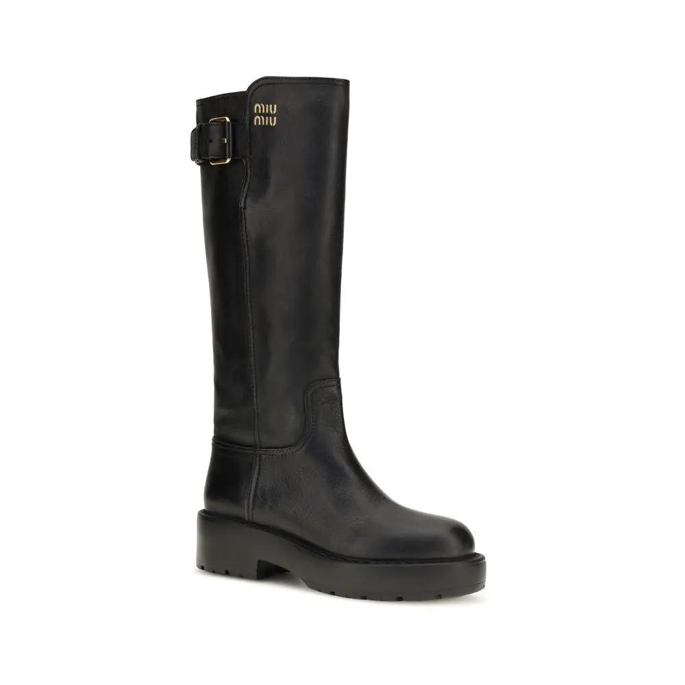 Miu Miu Black Calf Leather Bos Taurus Flat Boots