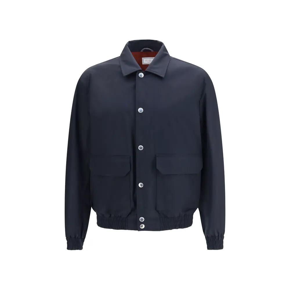 Blouson motard en soie bleu Brunello Cucinelli