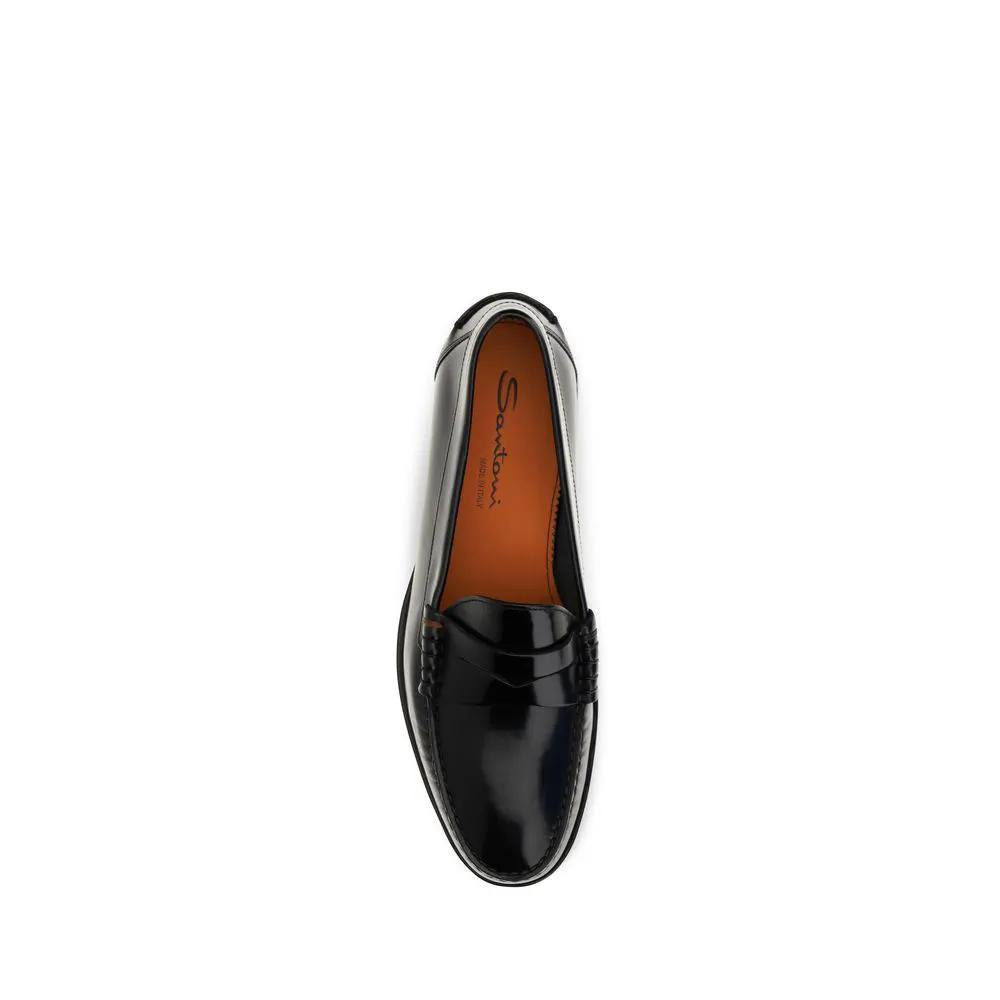 Santoni Santoni Black Calf Leather Bos Taurus Slip-On Loafers
