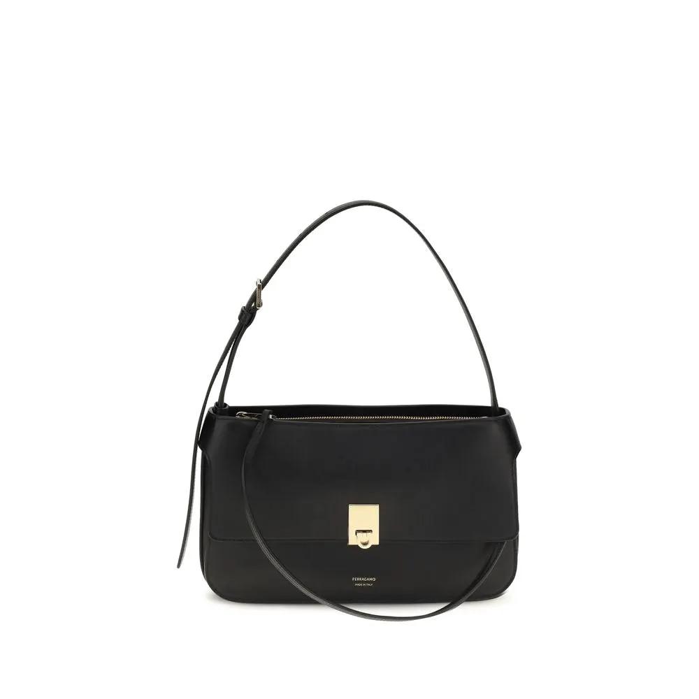 Ferragamo Ferragamo Black Calf Leather Bos Taurus Shoulder Bag