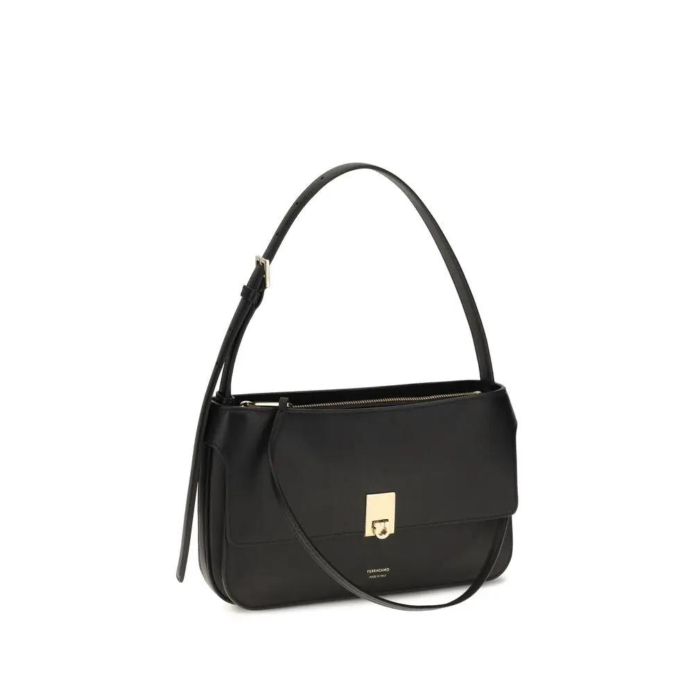 Ferragamo Ferragamo Black Calf Leather Bos Taurus Shoulder Bag