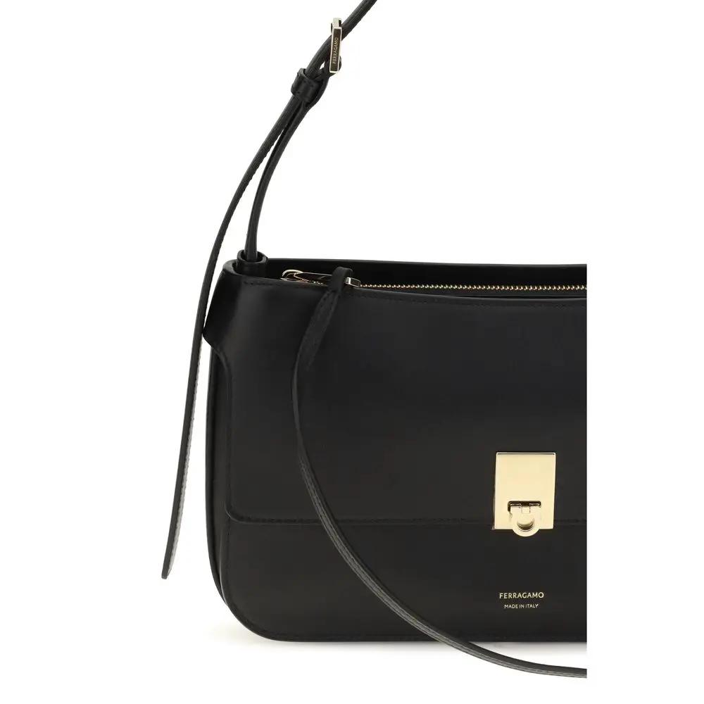 Ferragamo Ferragamo Black Calf Leather Bos Taurus Shoulder Bag