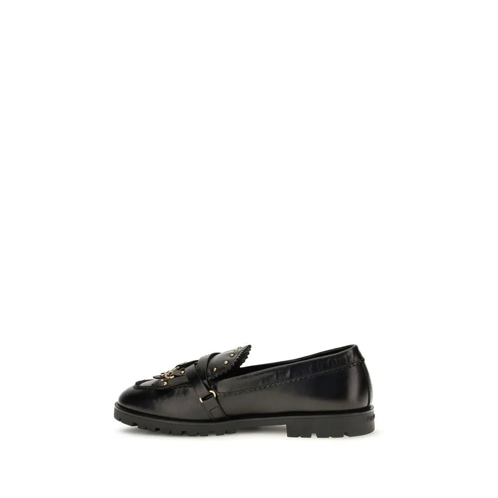 PINKO Black Calf Leather Bos Taurus Slip-On Loafers