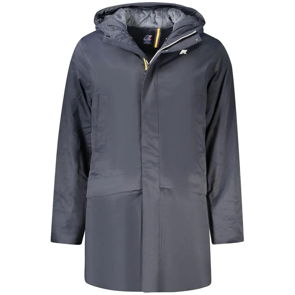 K-WAY Blue Polyester Men's Jacket with Hood and Pockets
