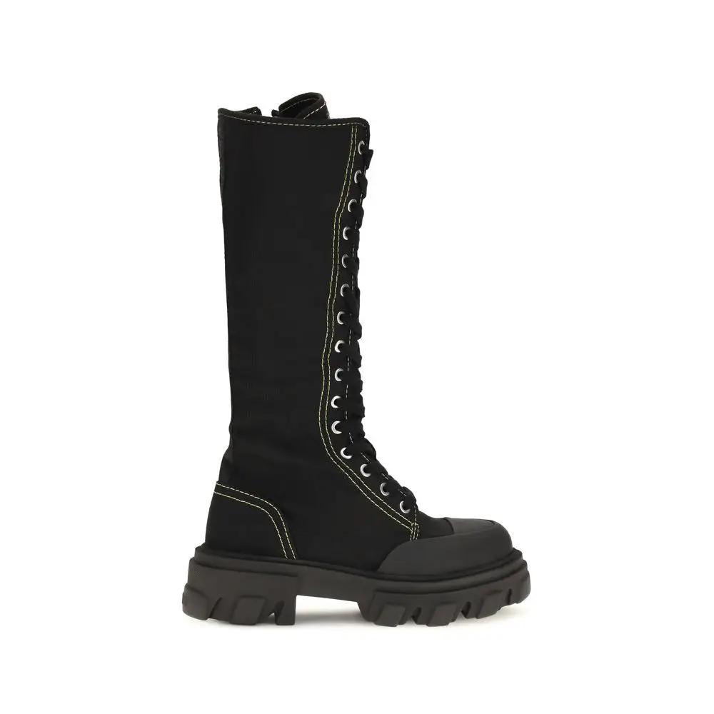 Ganni Black Cotton Lace-Up Boots