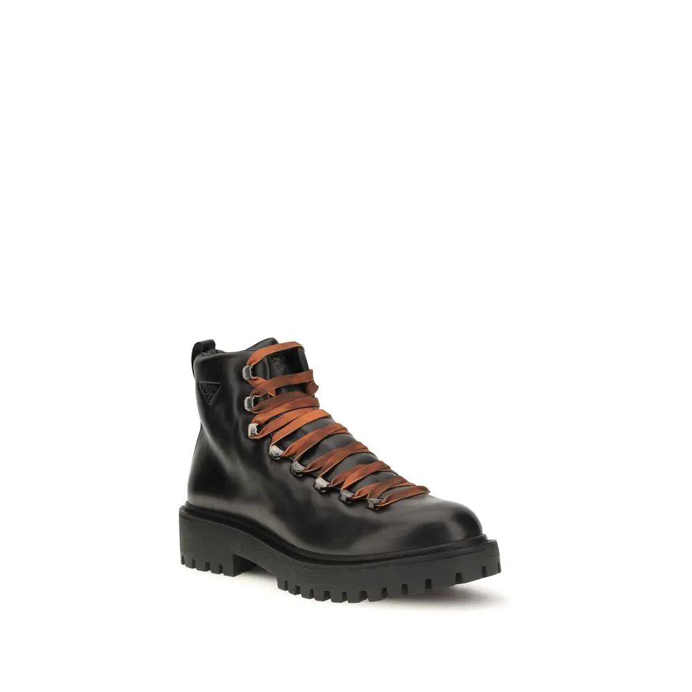 Prada Prada Black Calf Leather Bos Taurus Lace-Up Boots