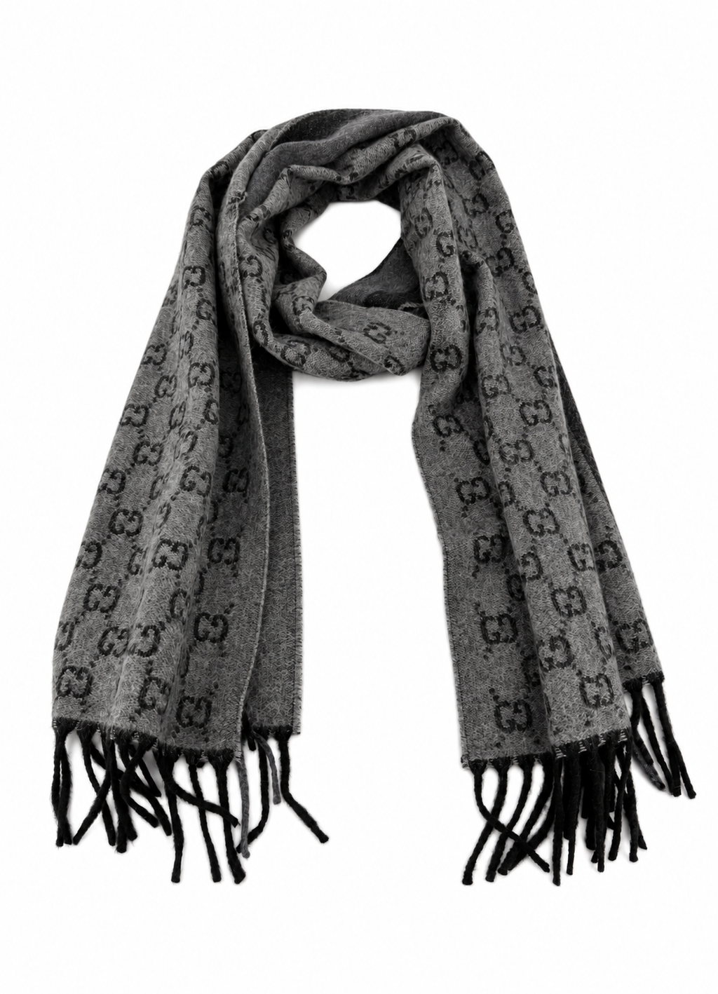 Gucci Gucci Monogram Grey Wool Scarf with Fringe