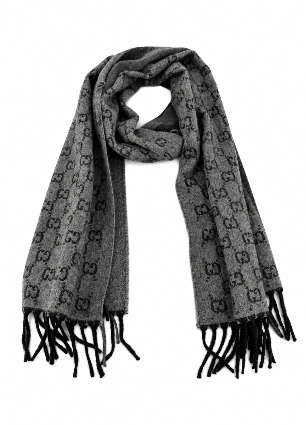 Gucci Gucci Monogram Grey Wool Scarf with Fringe