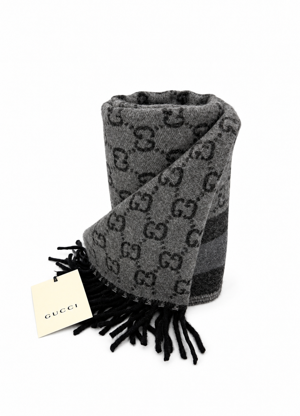 Gucci Gucci Monogram Grey Wool Scarf with Fringe