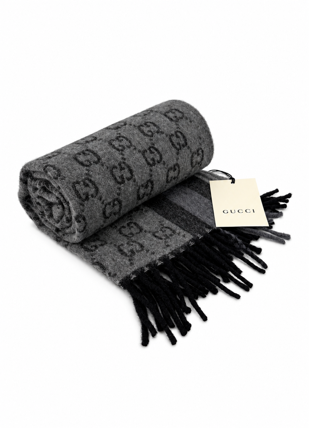 Gucci Gucci Monogram Grey Wool Scarf with Fringe