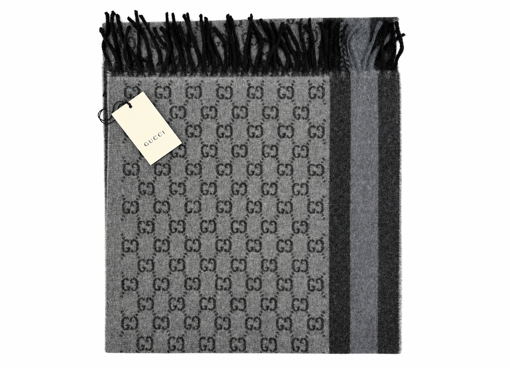 Gucci Gucci Monogram Grey Wool Scarf with Fringe