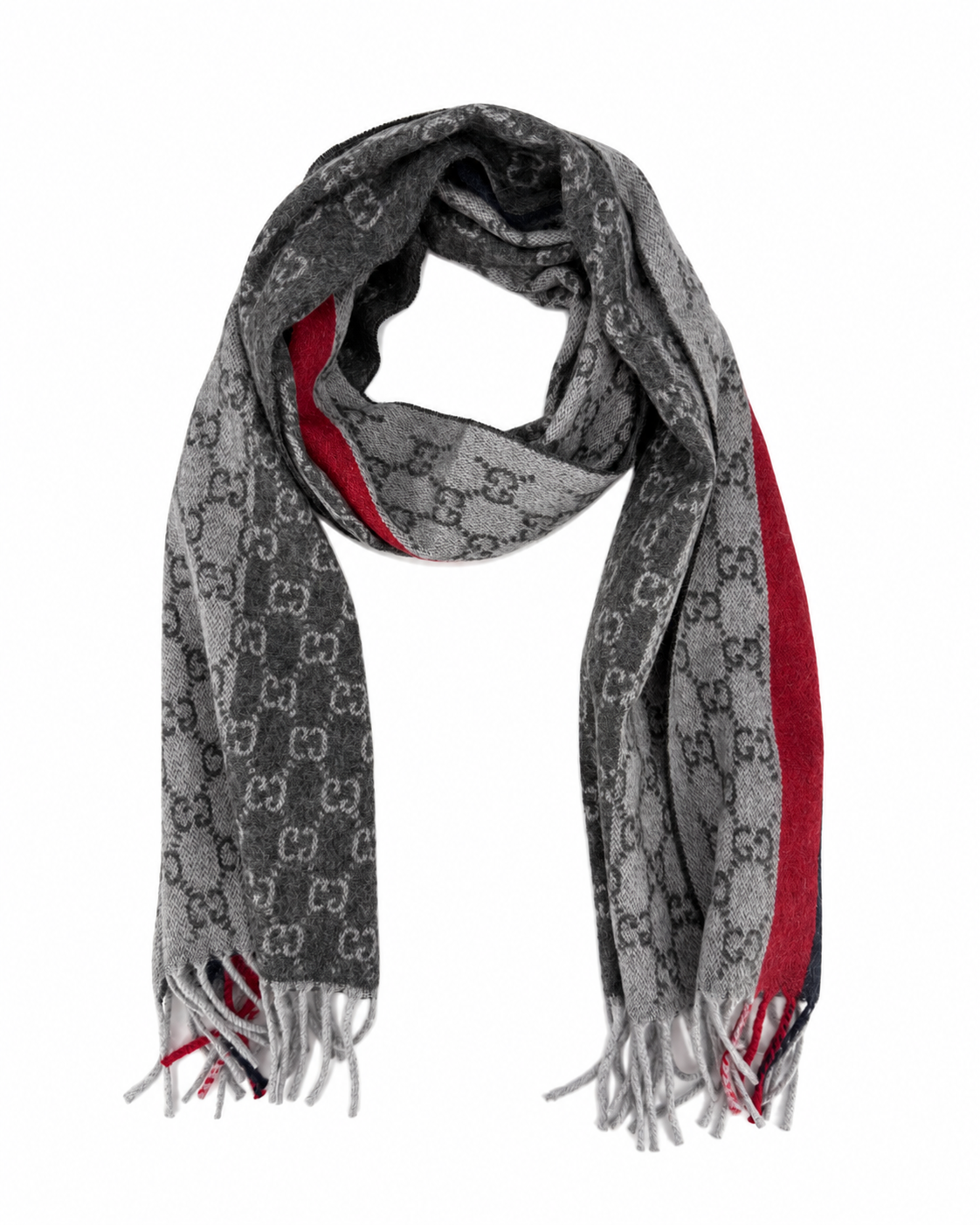 Gucci Gucci Monogram Grey Cashmere & Wool Scarf with Red & Black Stripe