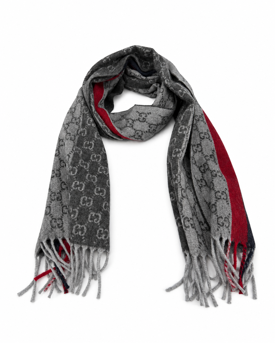 Gucci Gucci Monogram Grey Cashmere & Wool Scarf with Red & Black Stripe