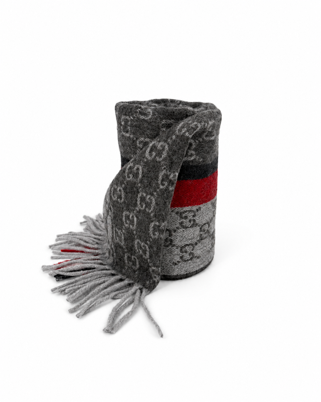 Gucci Gucci Monogram Grey Cashmere & Wool Scarf with Red & Black Stripe
