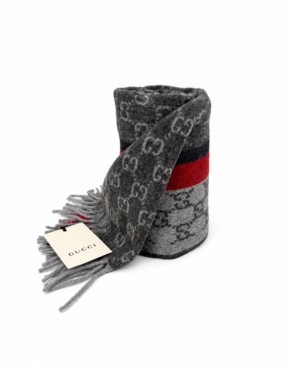 Gucci Gucci Monogram Grey Cashmere & Wool Scarf with Red & Black Stripe