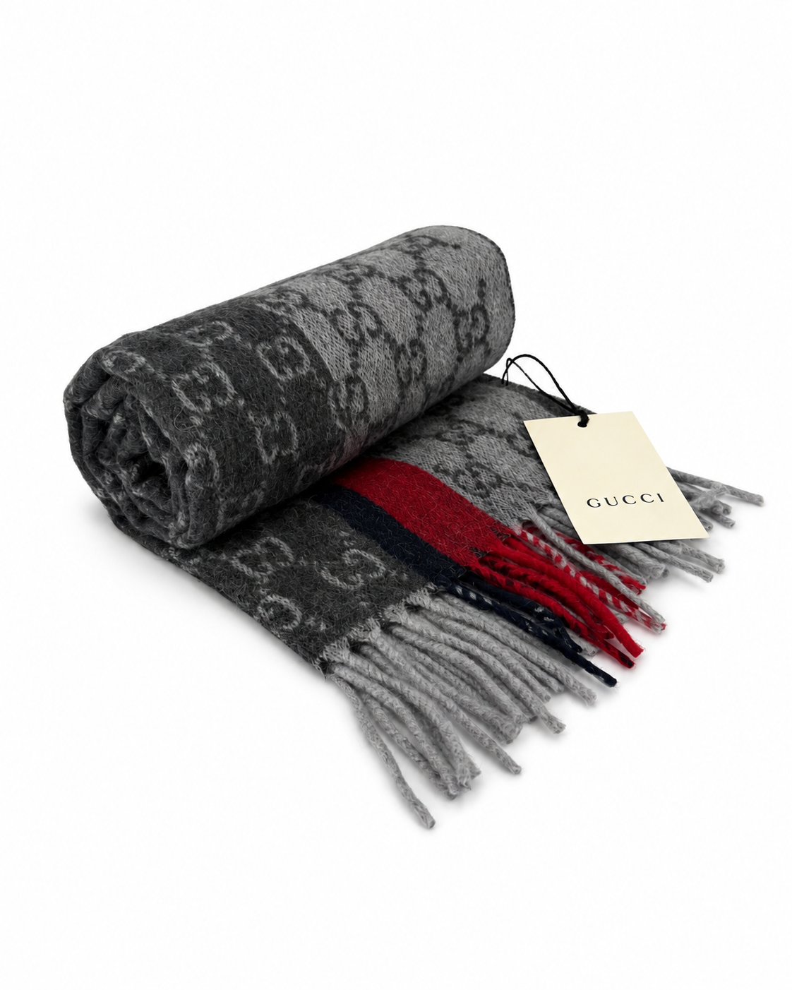 Gucci Gucci Monogram Grey Cashmere & Wool Scarf with Red & Black Stripe