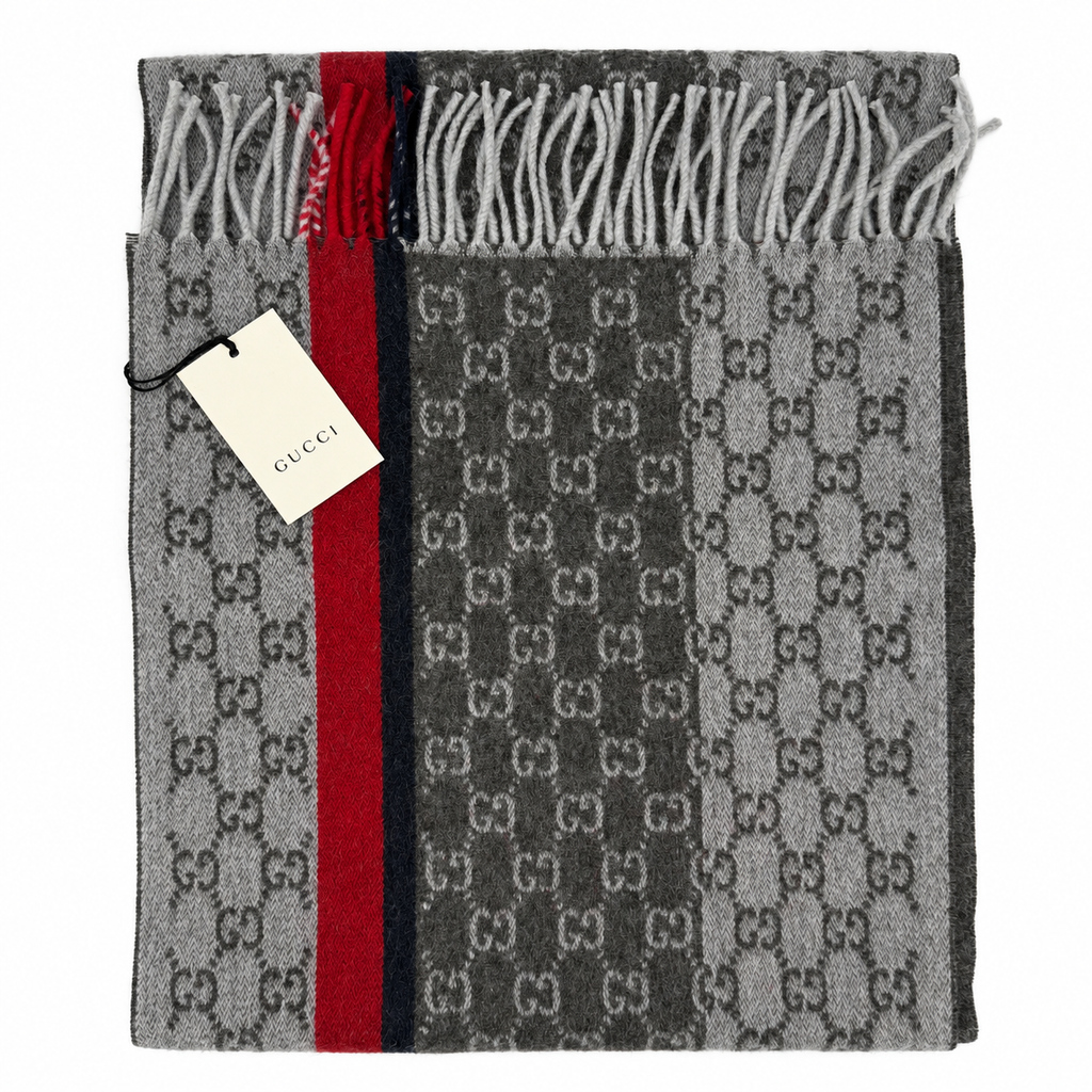 Gucci Gucci Monogram Grey Cashmere & Wool Scarf with Red & Black Stripe