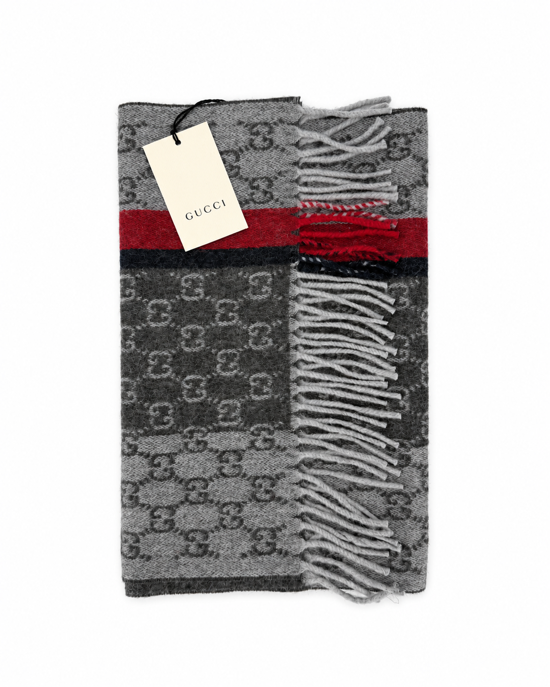 Gucci Gucci Monogram Grey Cashmere & Wool Scarf with Red & Black Stripe
