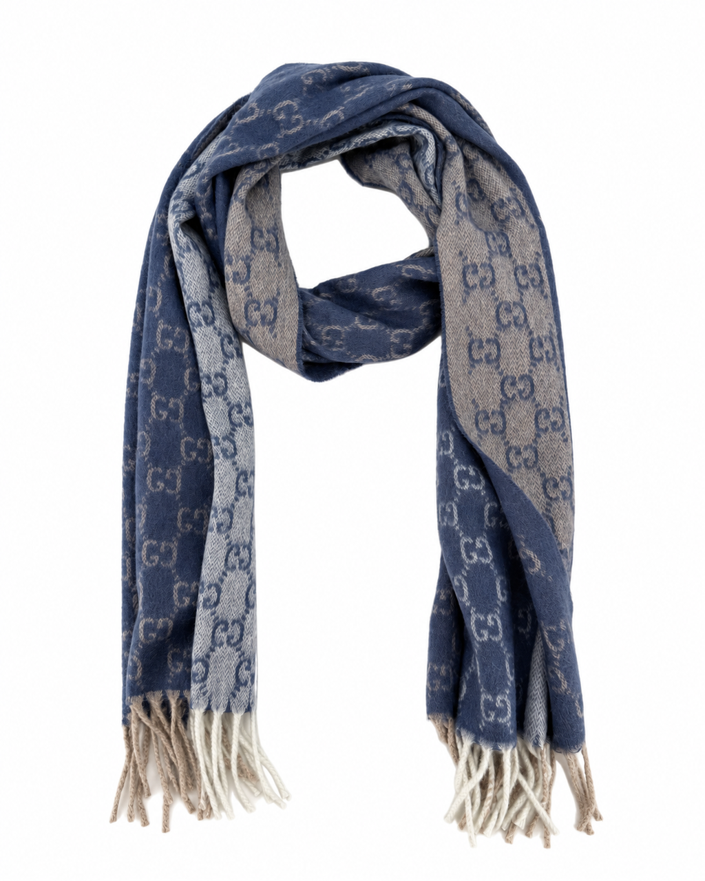 Gucci Gucci Monogram Blue Cashmere & Wool Scarf with Beige & Cream Fringe