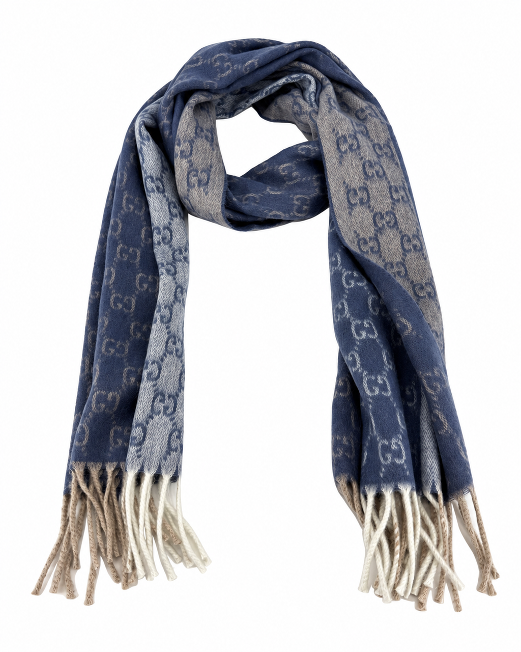 Gucci Gucci Monogram Blue Cashmere & Wool Scarf with Beige & Cream Fringe