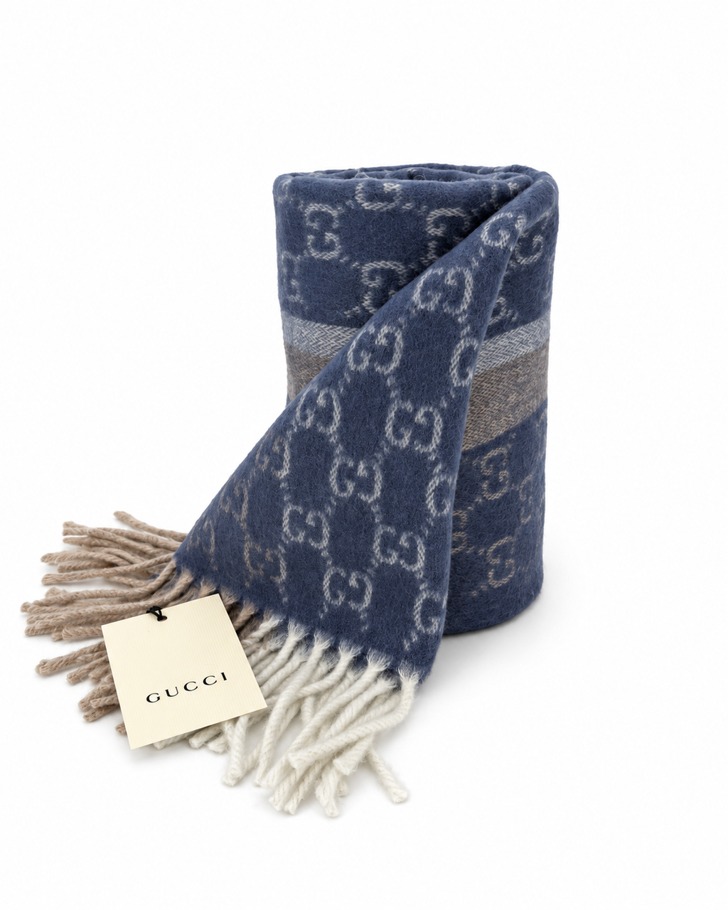 Gucci Gucci Monogram Blue Cashmere & Wool Scarf with Beige & Cream Fringe