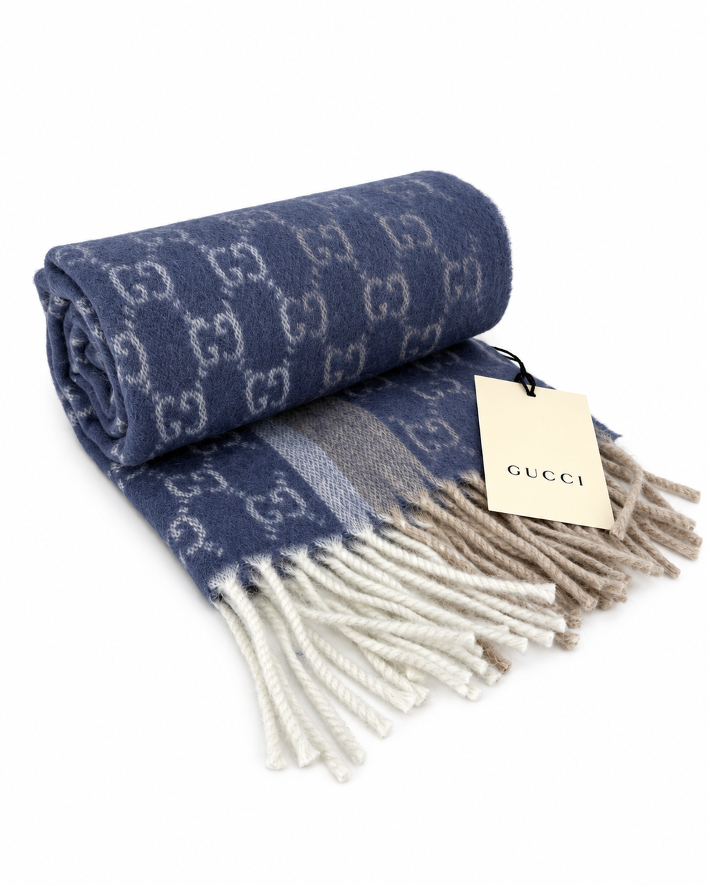 Gucci Gucci Monogram Blue Cashmere & Wool Scarf with Beige & Cream Fringe