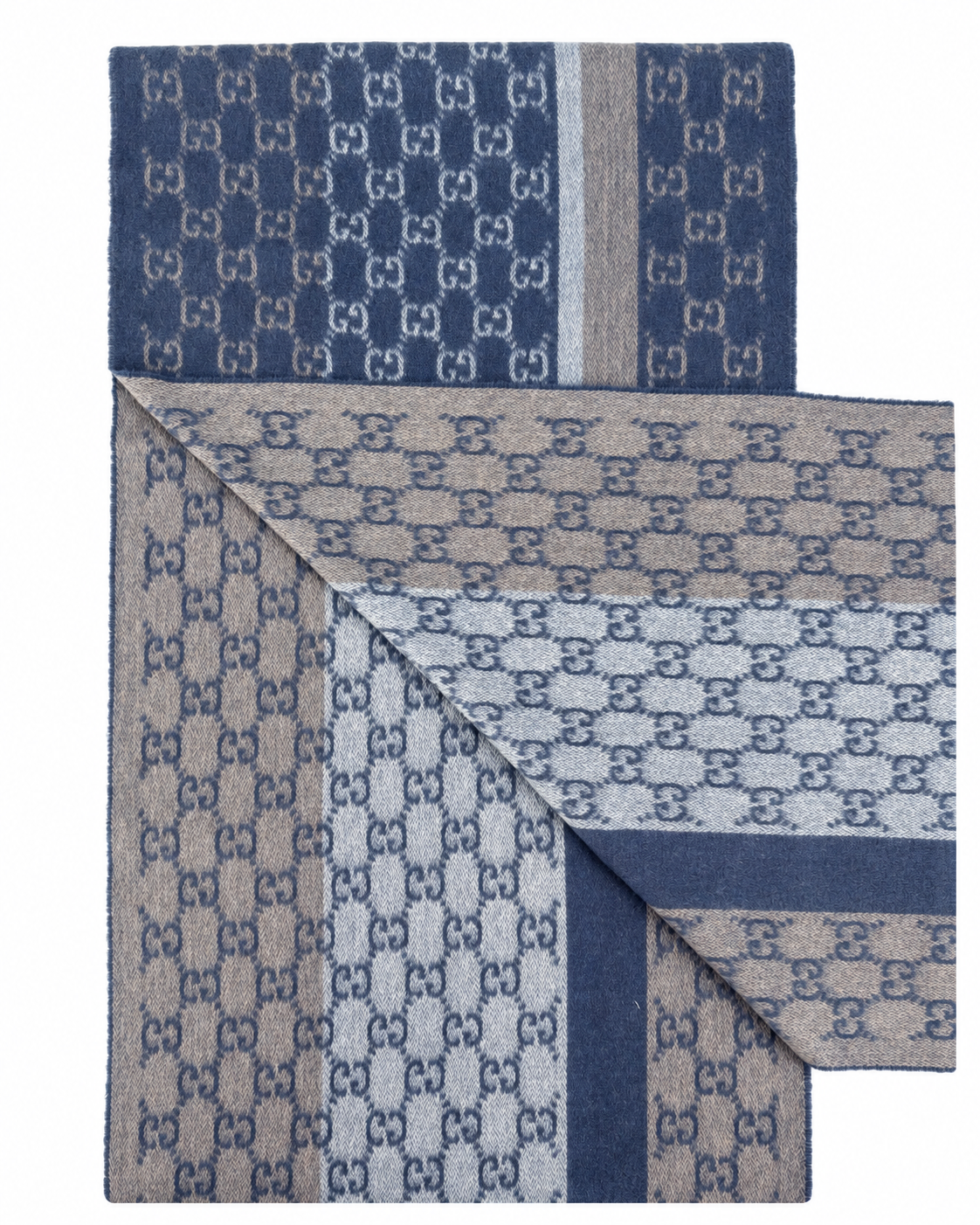 Gucci Gucci Monogram Blue Cashmere & Wool Scarf with Beige & Cream Fringe