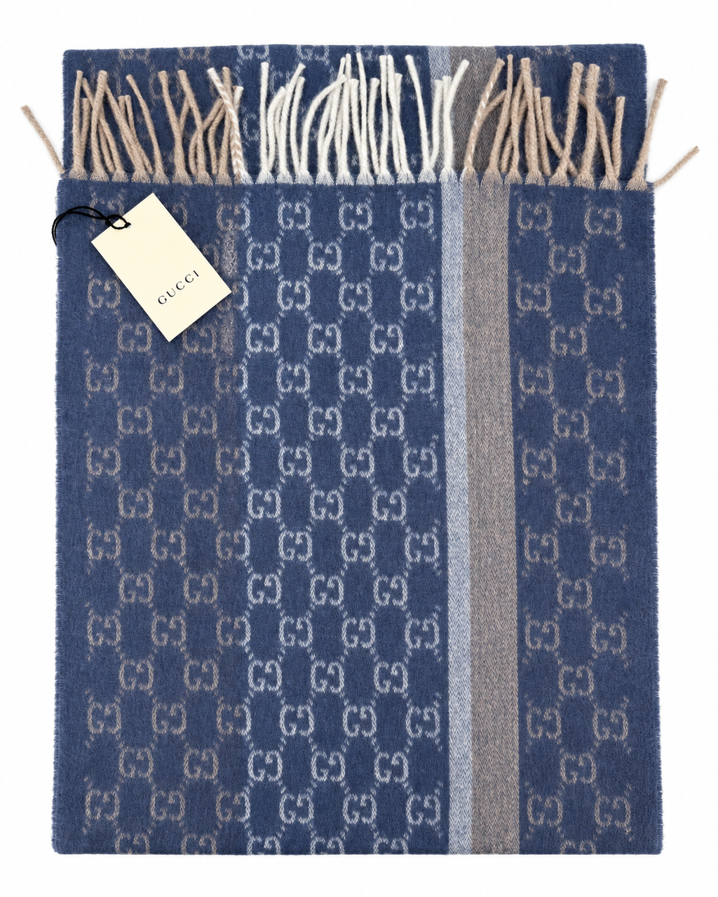 Gucci Gucci Monogram Blue Cashmere & Wool Scarf with Beige & Cream Fringe
