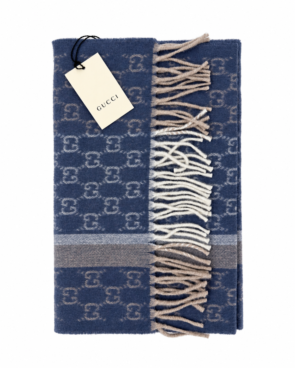 Gucci Gucci Monogram Blue Cashmere & Wool Scarf with Beige & Cream Fringe